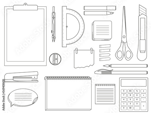 Collection of stationery - stickers, notebooks, tools. Illustration on transparent background