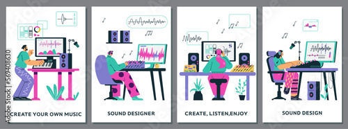 Music and sound design for video tracks and film, flat vector illustration.