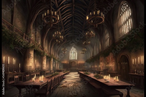 The Great Hall  complete with its floating candles  enchanted ceiling  and house tables..Digital art painting  Fantasy art  Wallpaper. Generative ai.