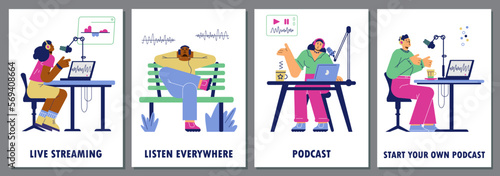 People recording and listening podcast  posters set - flat vector illustration.