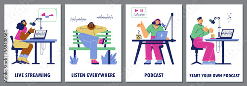 People recording and listening podcast, posters set - flat vector illustration.