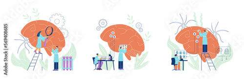 Brain research laboratory and neurological center banners flat vector isolated.