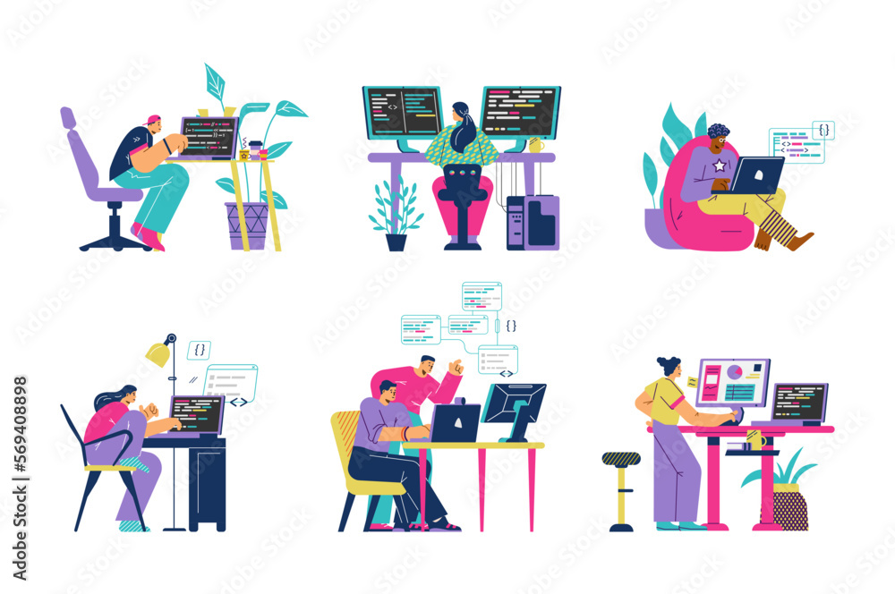 Set of programmers working on computer, flat vector illustration isolated on white background.