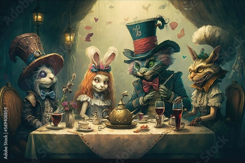 The Mad Hatter's tea party, with the quirky characters enjoying a chaotic meal. Wonderland universe style painting. Digital art painting, Fantasy art, Wallpaper