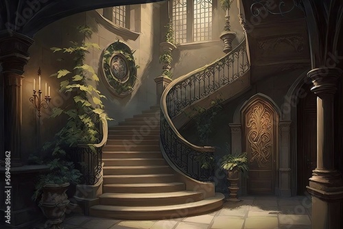 The magnificent stone staircase that leads up to the wizarding school's many hidden passages and rooms..Digital art painting, Fantasy art, Wallpaper. Generative ai.