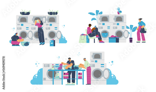 People in self service laundry, set of drawings - flat vector illustration isolated on white background.