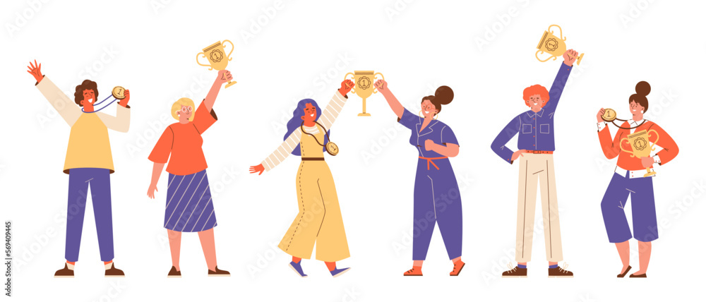 Set of happy people winners holding trophy and medals, flat vector illustration isolated on white background.