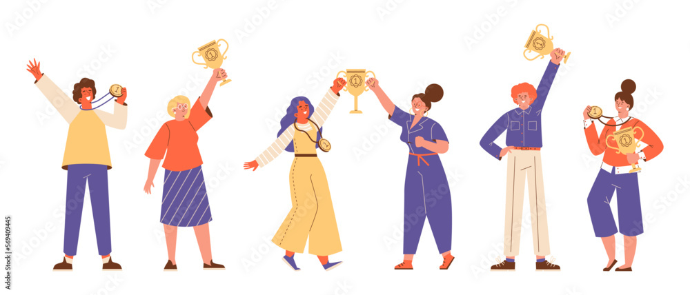 Set of happy people winners holding trophy and medals, flat vector illustration isolated on white background. Set of happy people winners holding trophy and medals, flat vector illustration isolated on white background.