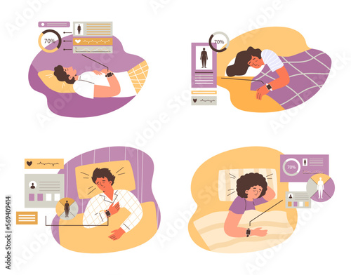 People sleeping with sleep tracker wristwatches, flat vector illustration isolated on white background.