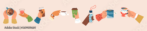 Hands holding cups and mugs with drinks - coffee, tea and water, flat vector illustration isolated.
