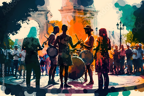 Show a group of people dancing in a public square or park, with instruments in the background, symbolizing the power of artistic expression to communicate strength and resistance , multicolored 