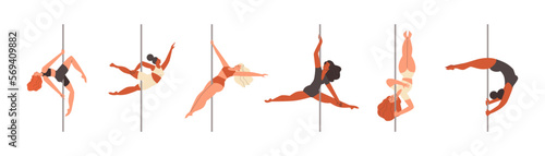Pole dancers exercising on pylon, flat vector illustration isolated on white background.