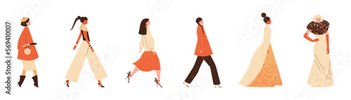 Models demonstrate a new collection of clothes flat vector illustration isolated.
