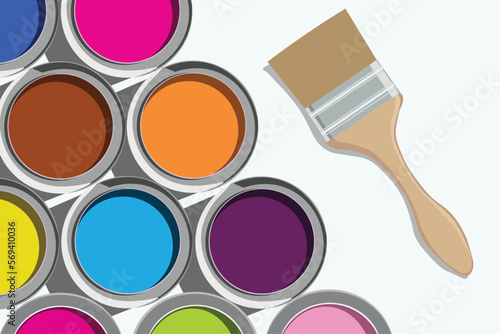 Color paint cans top view and a paint brush