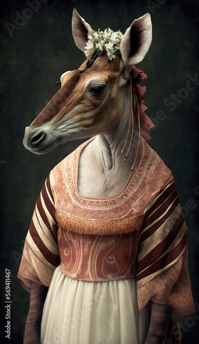 Photo Shoot of a Beautiful  Cute and Adorable Humanoid Okapi in Stunning Wedding Dress  A Unique Bride Animal in Designer Bridal Gown with Timeless and Elegant Style like Women  generative AI 