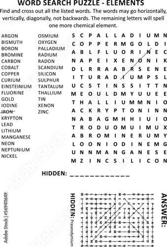 Chemical elements word search puzzle (suitable both for schoolchildren and adults). Answer included. 
