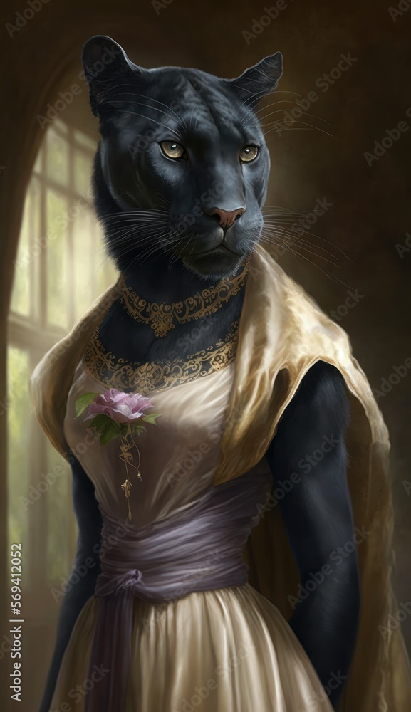 Photo Shoot of a Beautiful, Cute and Adorable Humanoid Panther in Stunning Wedding Dress: A Unique Bride Animal in Designer Bridal Gown with Timeless and Elegant Style like Women (generative AI)