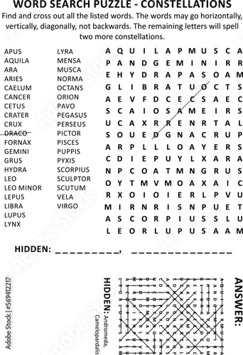 Constellations word search puzzle (suitable both for kids and adults). Answer included.

