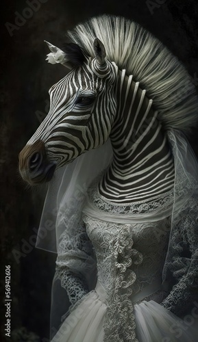 Photo Shoot of a Beautiful  Cute and Adorable Humanoid Zebra in Stunning Wedding Dress  A Unique Bride Animal in Designer Bridal Gown with Timeless and Elegant Style like Women  generative AI 
