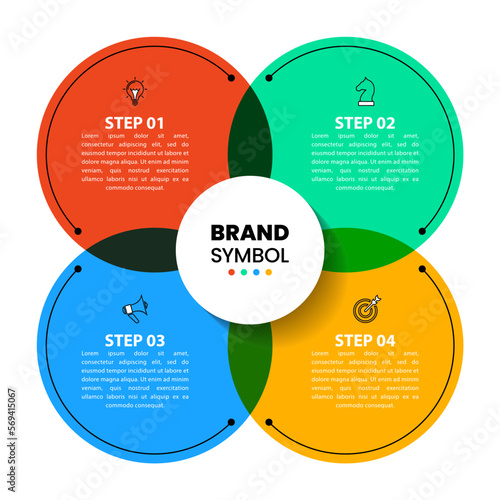Infographic template. 4 symmetrical circles with text and icons