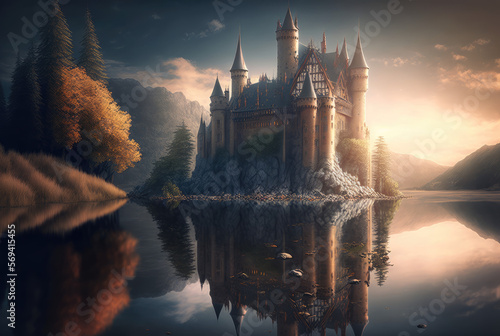 fantasy castle on the lake catching the sunlight