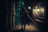 cloaked thief walking through the gothic town, digital art style