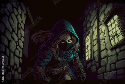 girl rogue sneaking through the shadows, digital art style
