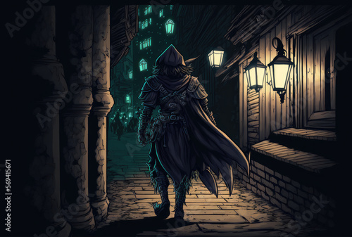 cloaked thief walking through the gothic town  digital art style