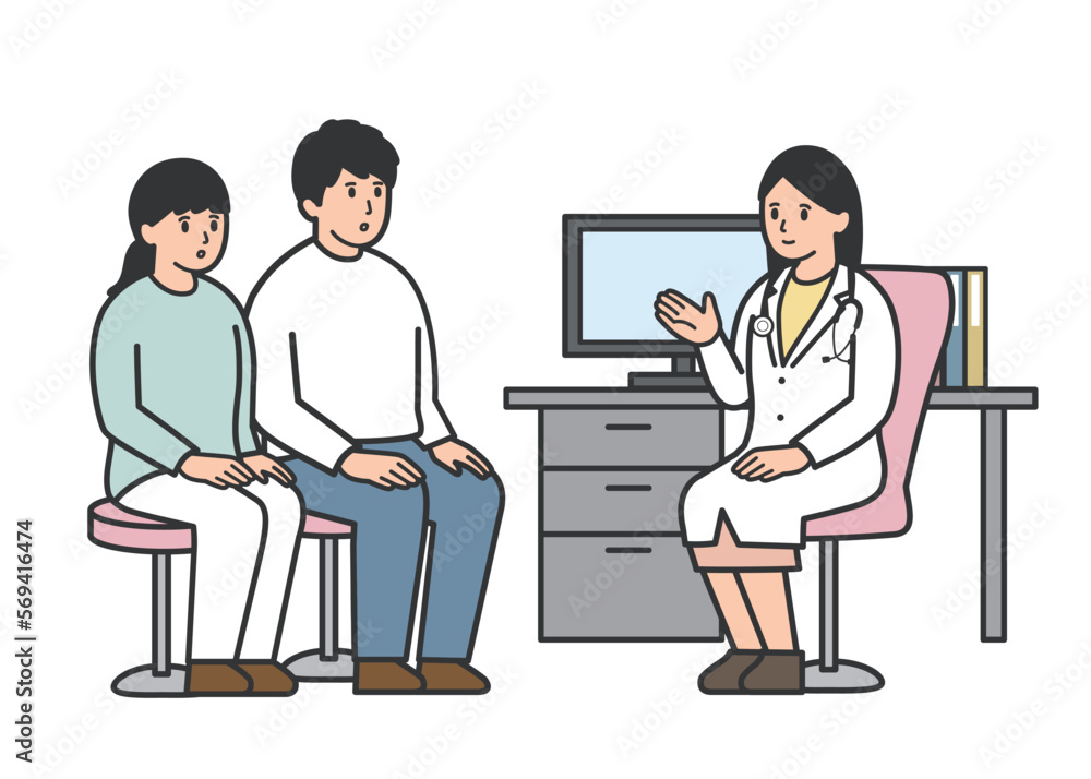 Obraz premium 診察室で女性医師から説明を受ける夫婦のイラスト