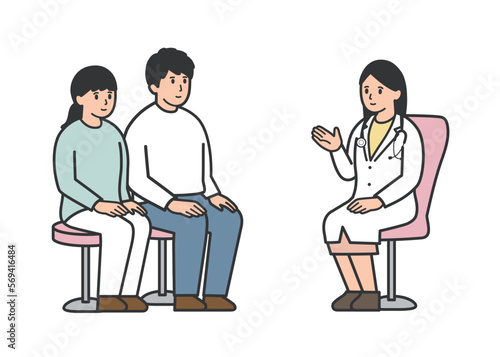 診察で女性医師から説明をうける夫婦のイラスト