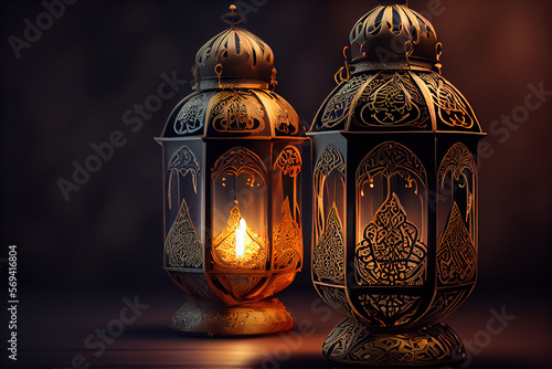 Ornamental Arabic Lanterns on a Dark and Moody Background Ramadan Concept AI generative Stock Image © Pleasant Mode Studio