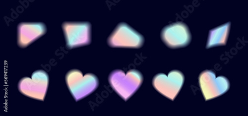 Y2k aura. Heart shape, magic blurry abstract and minimalist icons, aesthetic brutalism elements. Geometric, glowing holographic signs with iridescent gradient. Sparkling aura. Vector illustration.