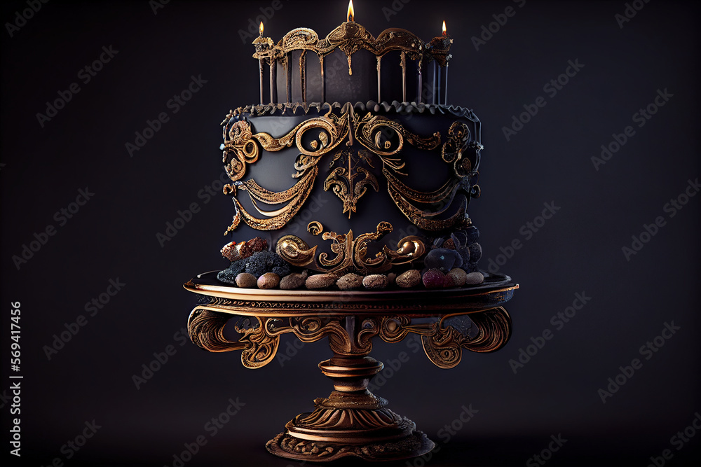 Luxury Birthday Cake with Candle and Decorations on a Dark and Moody