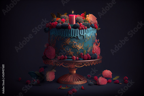 Luxury Birthday Cake with Candle and Decorations on a Dark and Moody Background AI Generative  