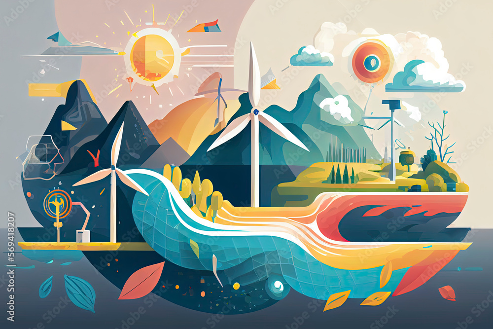 Flat vector illustration is showing alternative clean energy sources ...