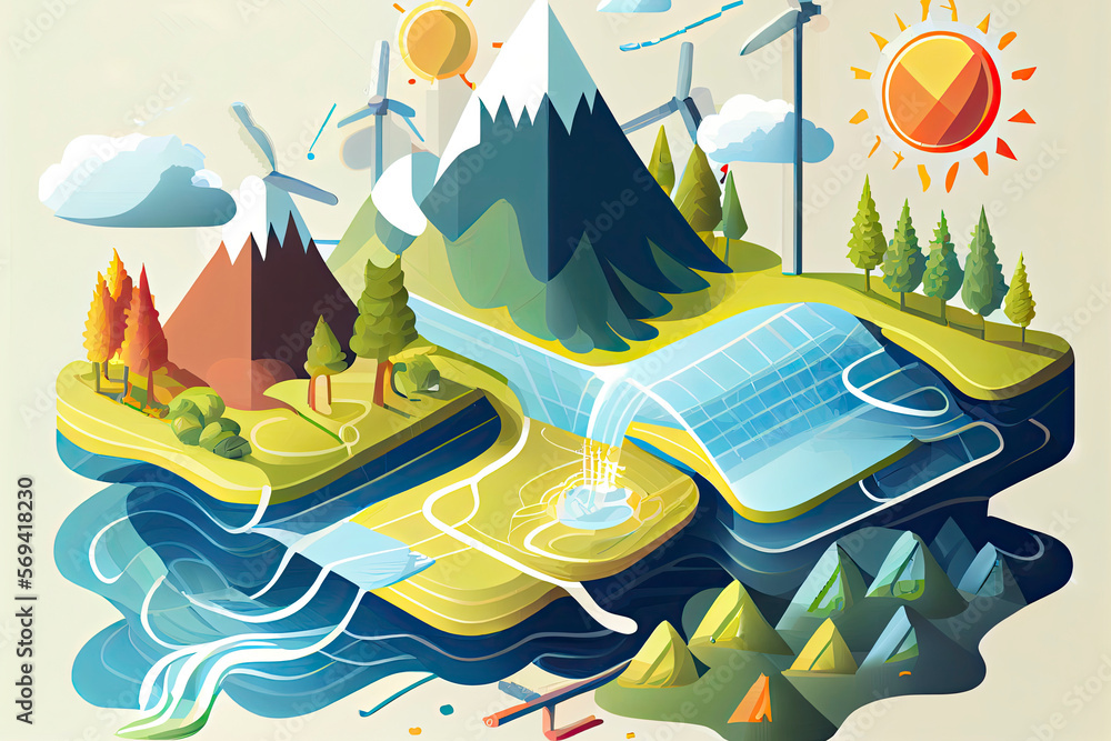 Naklejka premium Flat vector illustration is showing alternative clean energy sources: hydro energy, wind energy