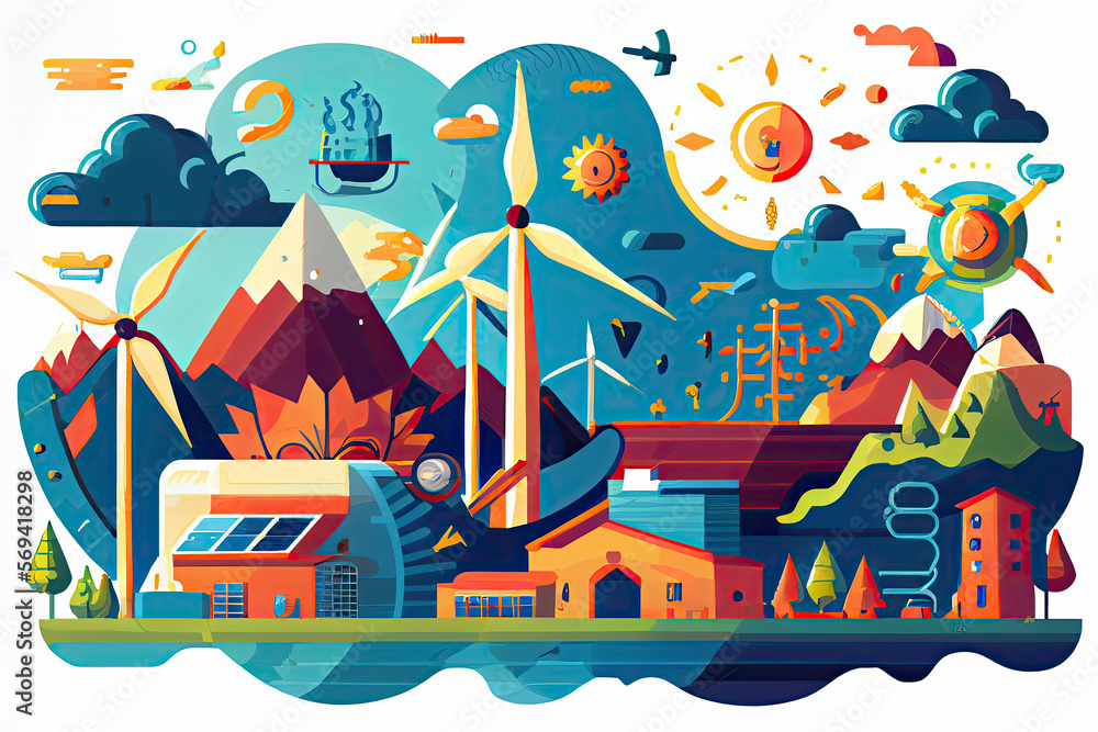 Flat vector illustration is showing alternative clean energy sources ...