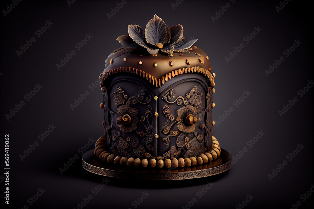 Luxury Birthday Cake with Candle and Decorations on a Dark and Moody