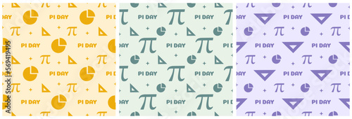 Set of Pi Day Seamless Pattern Design with Mathematical Constants or Baked Pie in Template Hand Drawn Cartoon Flat Illustration