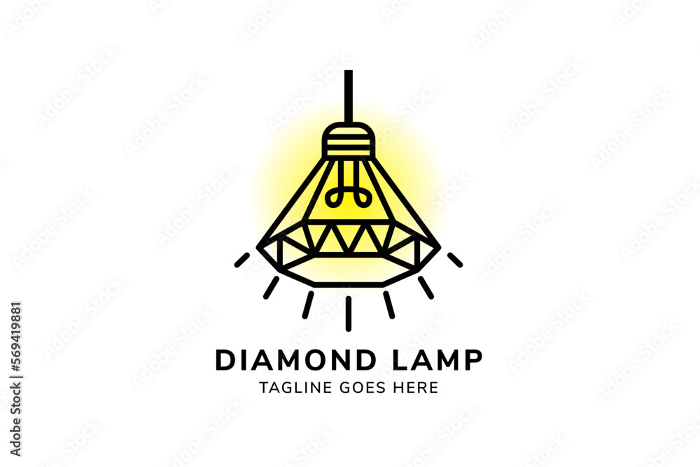 diamond lamp logo design template. outline style icon symbol with combination shine yellow bright shadow and black colors. isolated on white background.