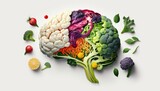 Plant-Based Healthy Eating: Human Brain Made of Fruits and Vegetables, High Fibre, Nutrition and Brain Health, Food and Cognition, Mood, Healthy Lifestyle Concept, On White Background, Generative AI.