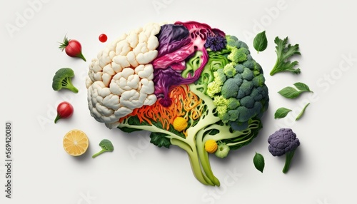 Fotografia Plant-Based Healthy Eating: Human Brain Made of Fruits and Vegetables, High Fibre, Nutrition and Brain Health, Food and Cognition, Mood, Healthy Lifestyle Concept, On White Background, Generative AI
