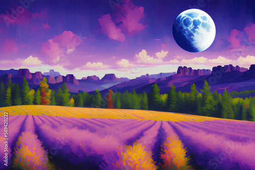 An alien landscape with a beautiful silver purple field wide angled with an old wooden fence in the front, blue mountains and pinetrees in the far back and a little old deserted schoolbus on the hills photo