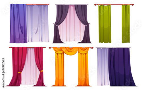 Cartoon set of color curtains isolated on white background. Vector illustration of thick and net textile in blue, black and green colors. Modern, classical home interior design elements