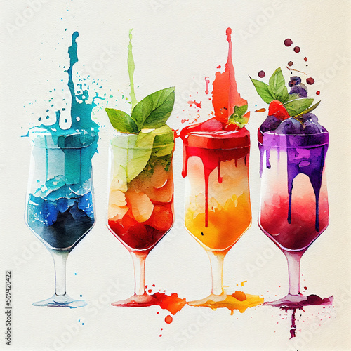 Watercolor cocktails illustration image, Ai generated photo