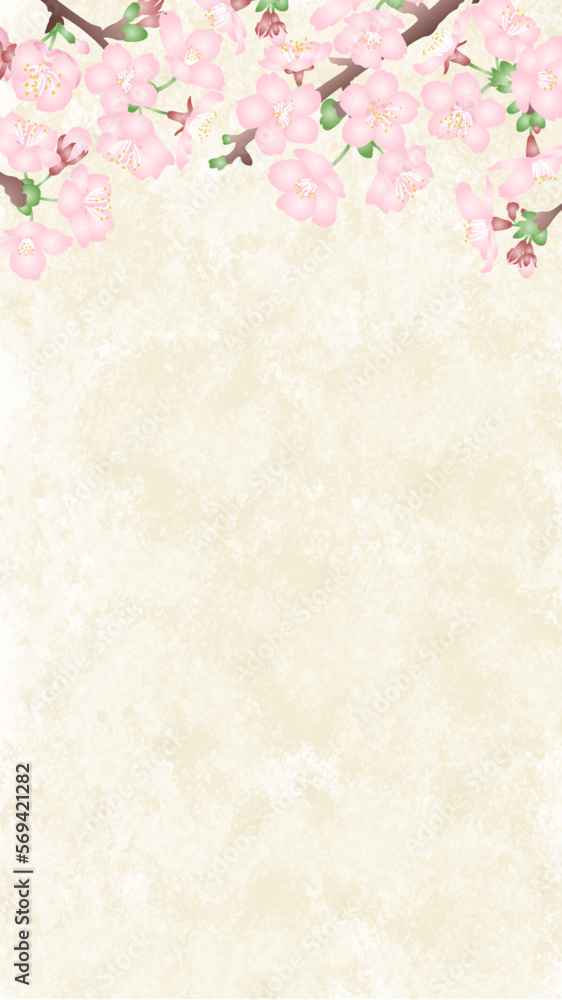和紙風の背景にグラデーションで立体的な桜の花の和風ベクターイラスト　縦型