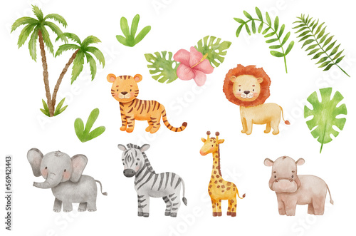 Cute giraffe, tiger and elephant in cartoon style. Watercolor Drawing african baby wild animal isolated on white background. Jungle safari animals and plants set
