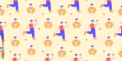 Cute pattern of man with bouquet of flowers