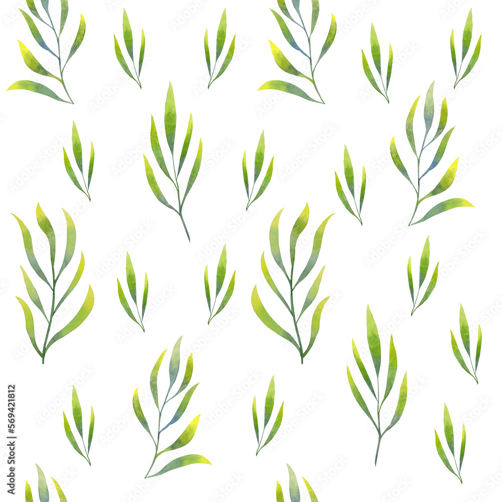 Elegant seamless pattern with branches and leaves painted in watercolor. Delicate green and yellow background made of natural motifs. Elegant seamless pattern with branches and leaves painted in watercolor. Delicate green and yellow background made of natural motifs.