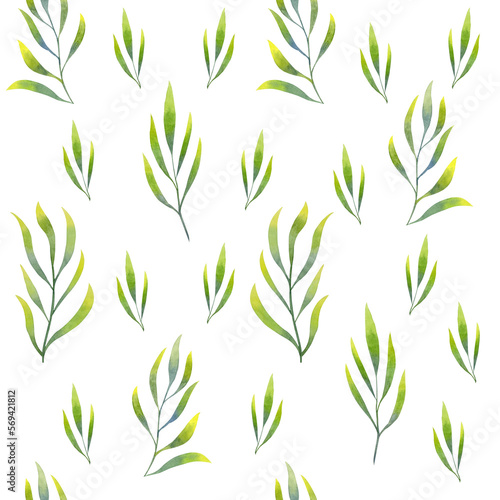 Elegant seamless pattern with branches and leaves painted in watercolor. Delicate green and yellow background made of natural motifs.